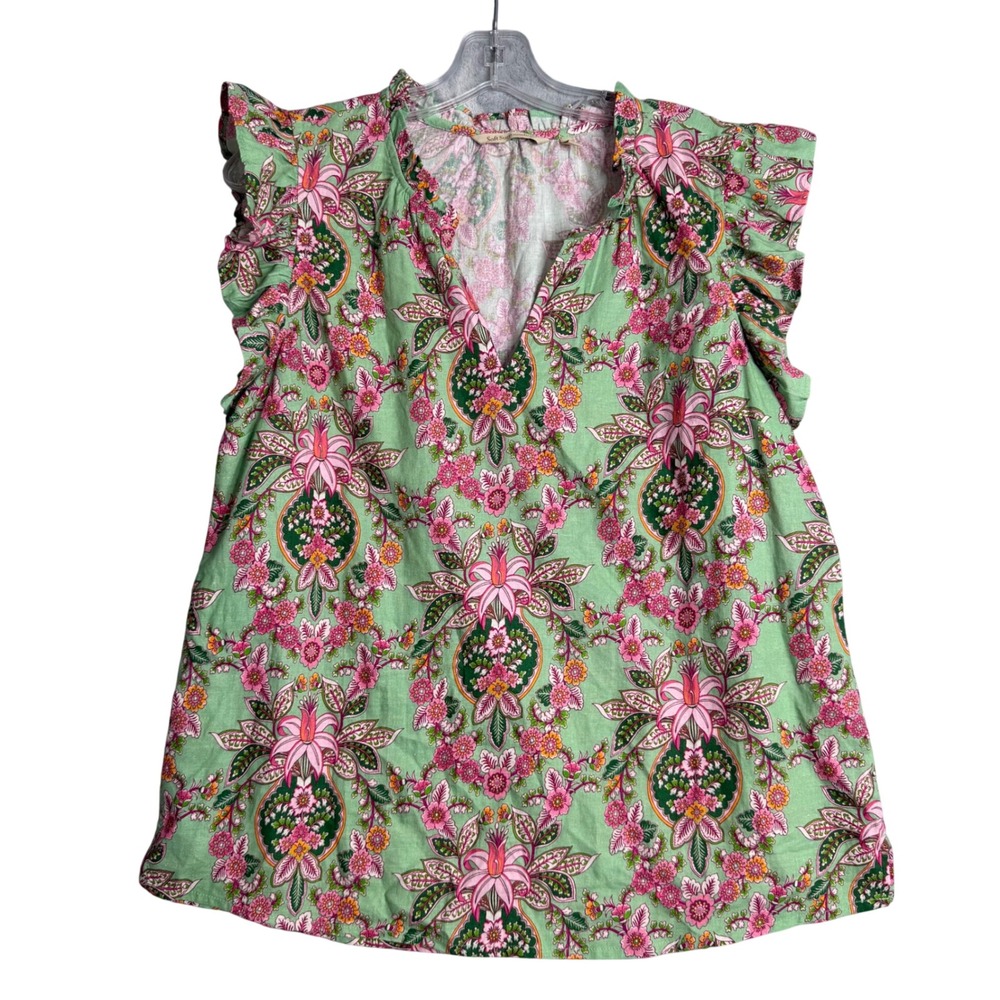 Soft Surroundings Paige Linen Blend Top Womens M Green Floral Ruffle Boho Beach - Picture 1 of 7
